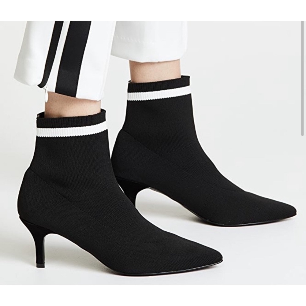 Jaggar Womens Knit Sock Booties Black‎ White Stripe Pointed Toe Kitten Heel 39